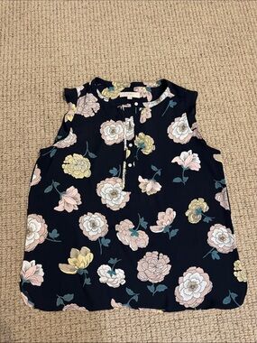 LOFT Floral Sleeveless Blouse in Navy with Pink & Yellow Flowers